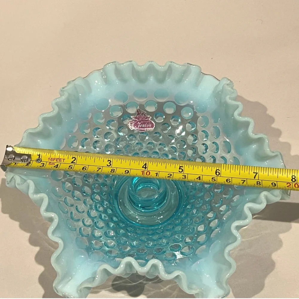 Fenton Aqua Opalescent Hobnail Ruffled Candle Holder Pedestal‎ 1950s MCM